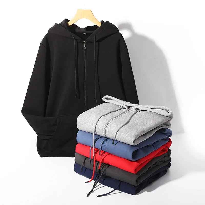 Men's plus size zip hooded sweater in 420g cotton fabric with top-stitch pockets