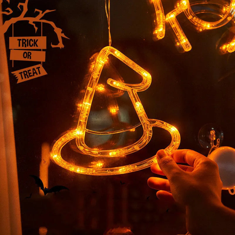 Halloween window hanging LED lights with ghost, spider, and pumpkin designs
