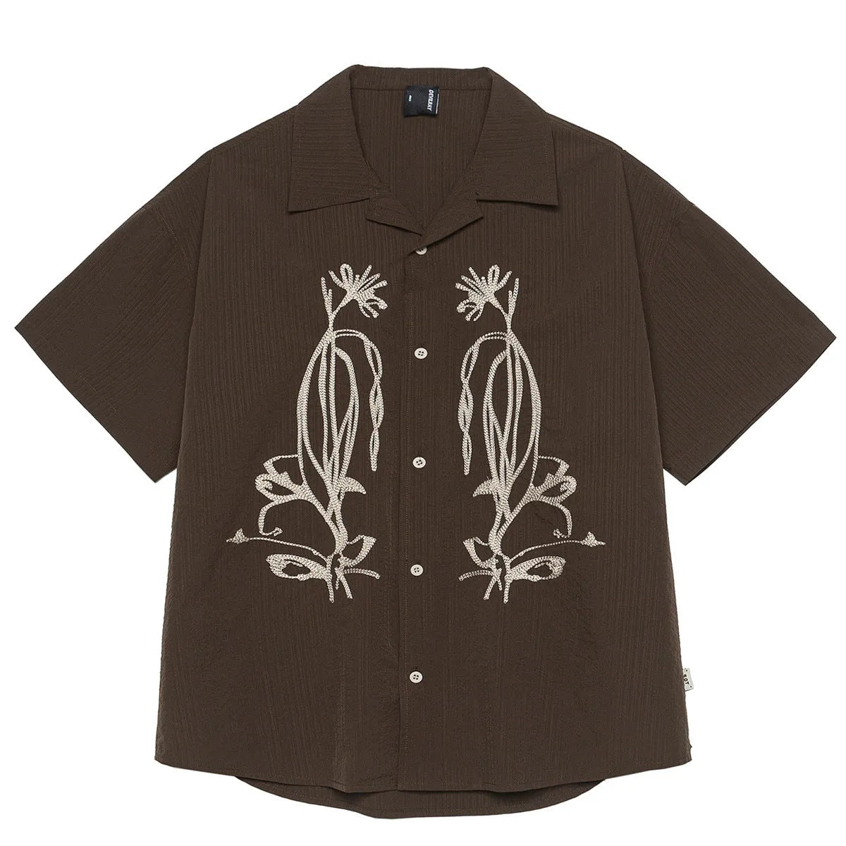 Brown striped polyester Cuban collar short sleeve shirt for outdoor camping
