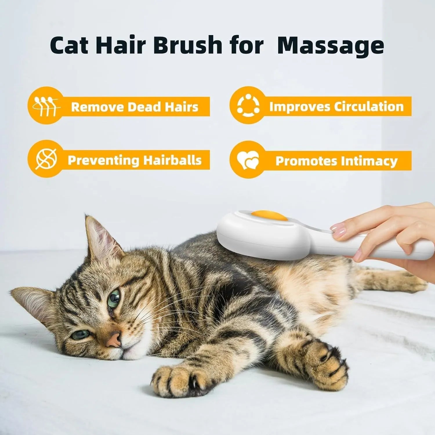 Yellow cat brush with release button and stainless steel bristles on a light background