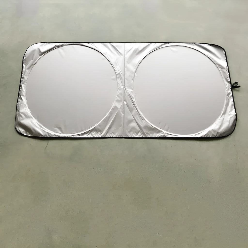 Silver tape car sunshade measuring 190cm by 90cm with storage cloth bag