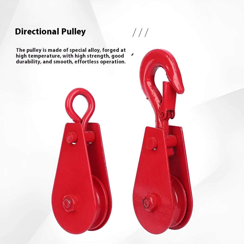 Forged steel industrial lifting pulley with safety latch in red or galvanised finish.