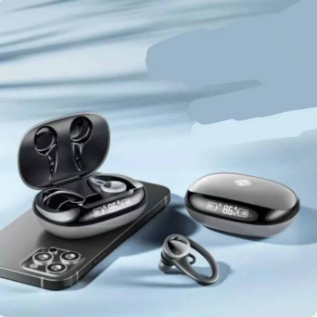 Black true wireless noise cancelling earbuds with charging case, suitable for sports and running.