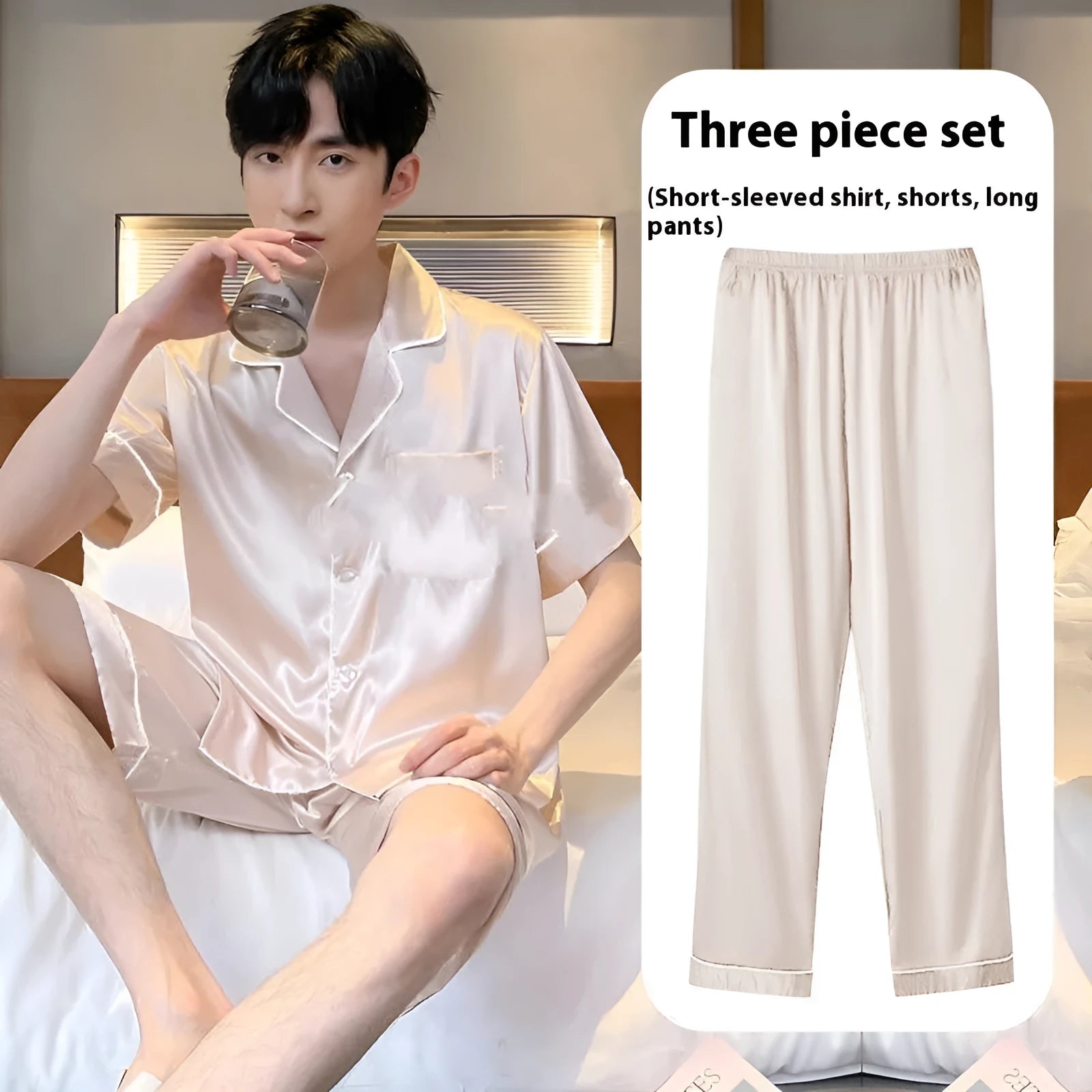 Men's ice silk three-piece home wear set shown in available colours, featuring thin fabric shorts and trousers.