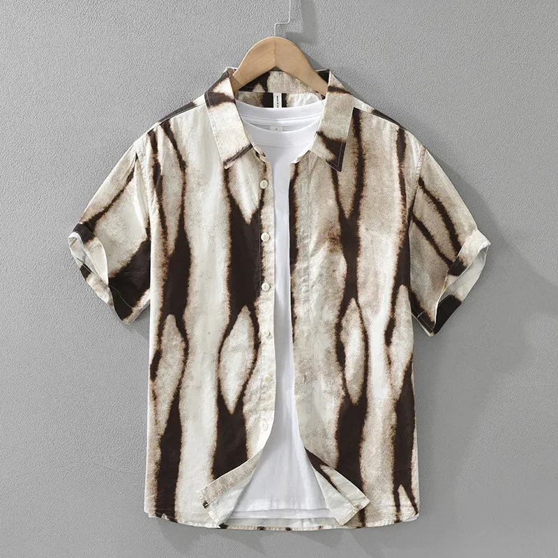 A black and brown retro striped short sleeve cotton shirt with a loose cardigan fit.