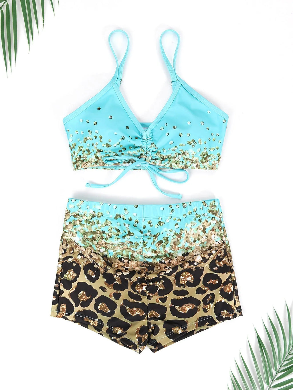 Women's lake blue swimsuit set with high waist briefs and sleeveless top