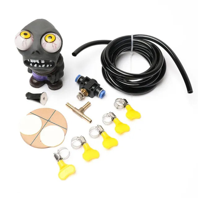 Turbo car boost eye zombie rubber doll with pressure valve and copper tubing installation kit.
