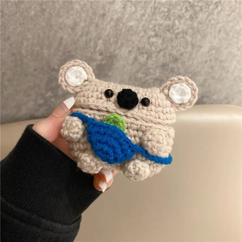 Handmade knitted koala bear backpack design cover for Apple AirPods case.