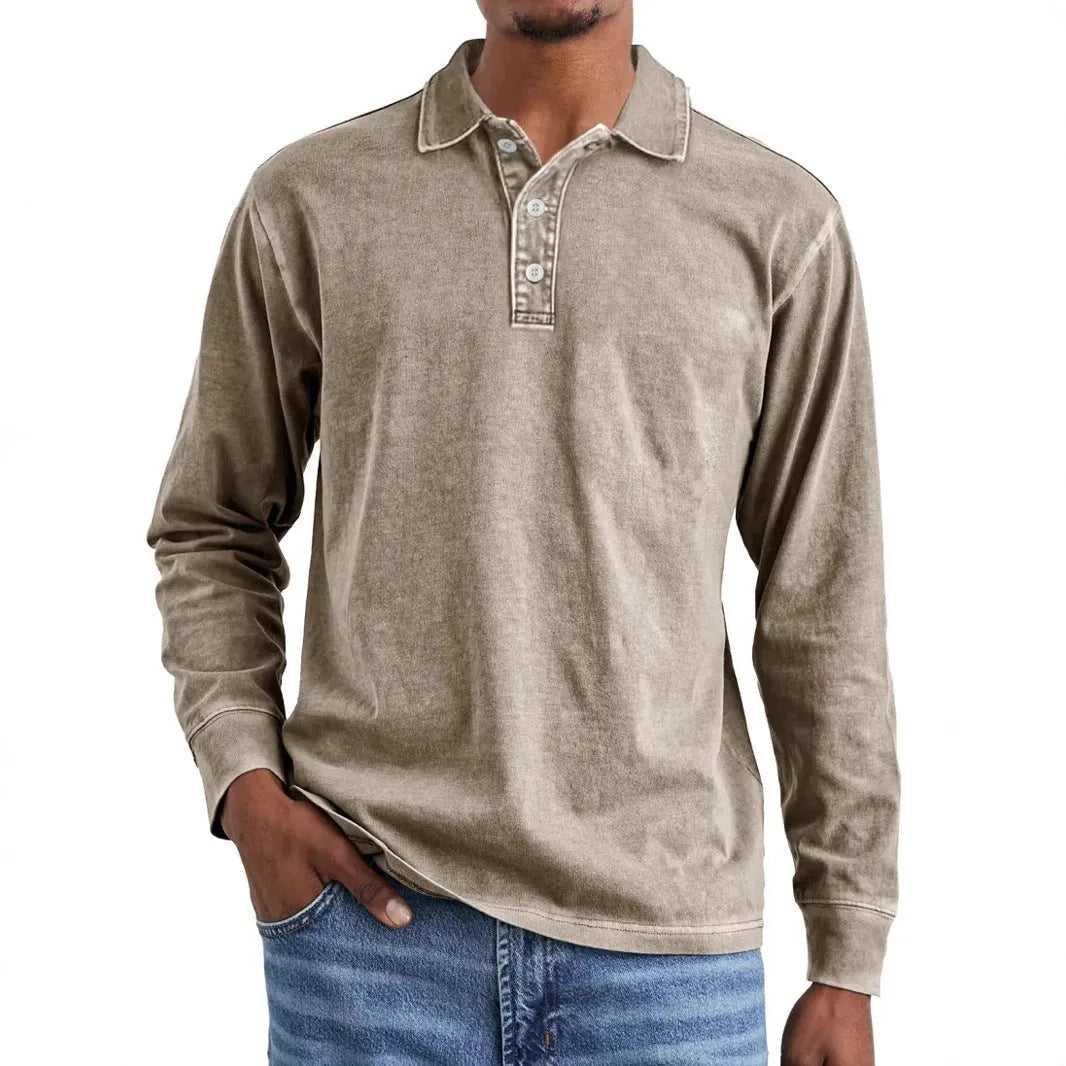 Men's distressed cotton lapel polo shirt in retro washed army green with long sleeves