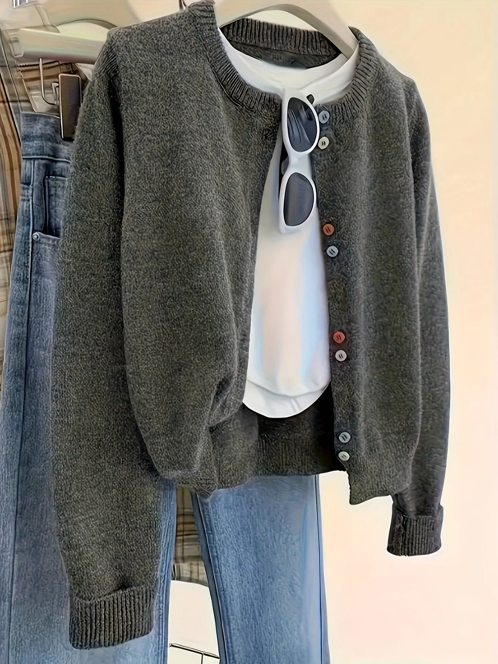 Dark grey women's button-front cardigan sweater with regular sleeves