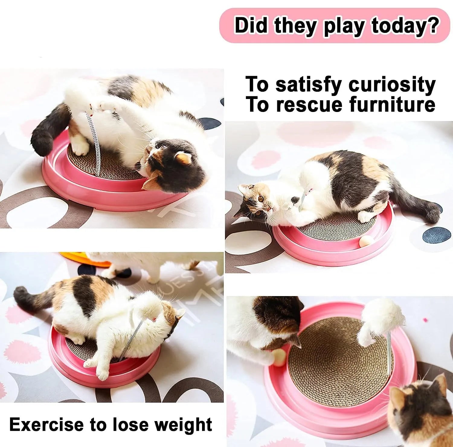 Blue interactive cat scratcher with ball track and round corrugated cardboard scratch pad