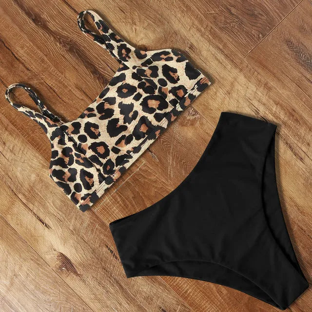 Women's leopard print high waist bikini with push-up bra in Army Green colour