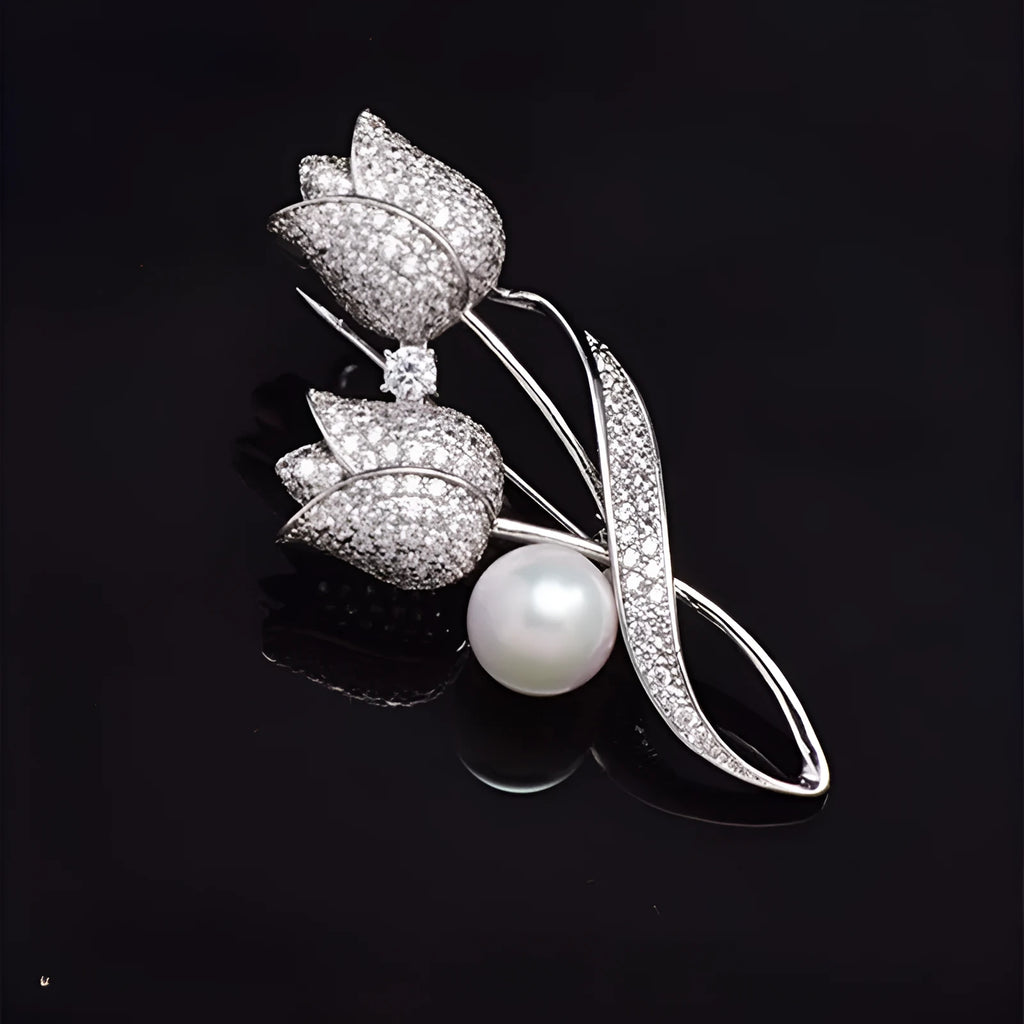 Women's fashion brooch with flower design featuring micro-inlaid zircon detailing in 181 silver tulip colour