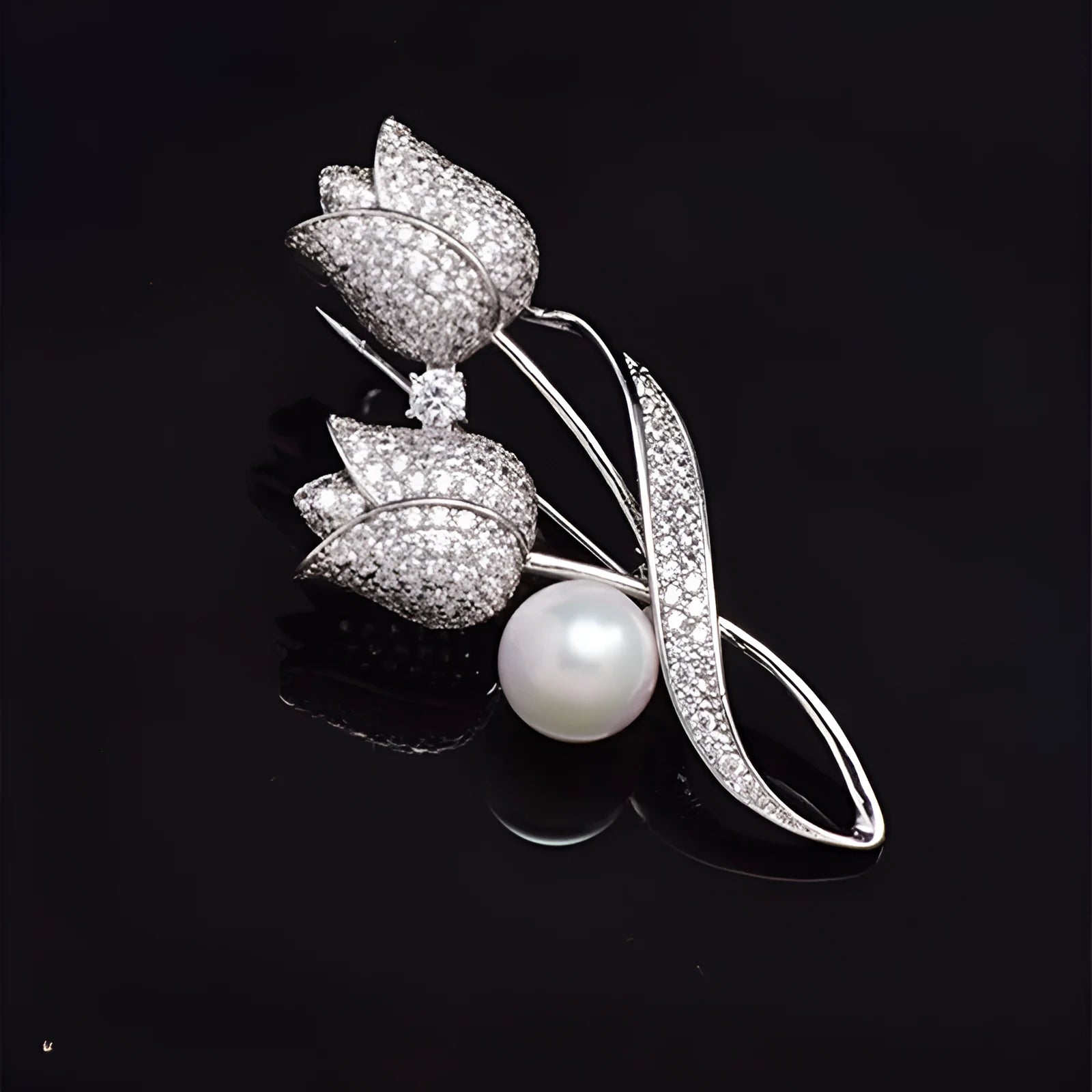 Women's fashion brooch with flower design featuring micro-inlaid zircon detailing in 181 silver tulip colour