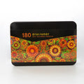 Tin box open to show 180 wooden oily painting pencils in a rainbow of colours arranged in rows.