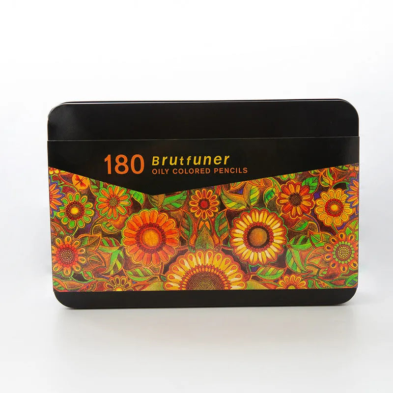Tin box open to show 180 wooden oily painting pencils in a rainbow of colours arranged in rows.