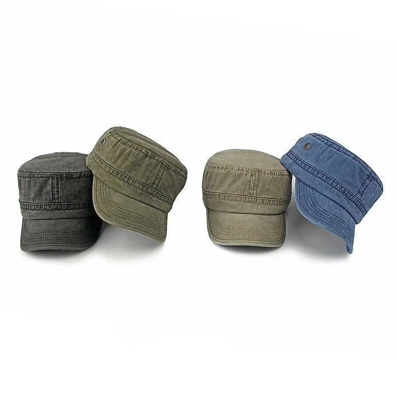 Military flat top cotton cap with adjustable strap in army green colour