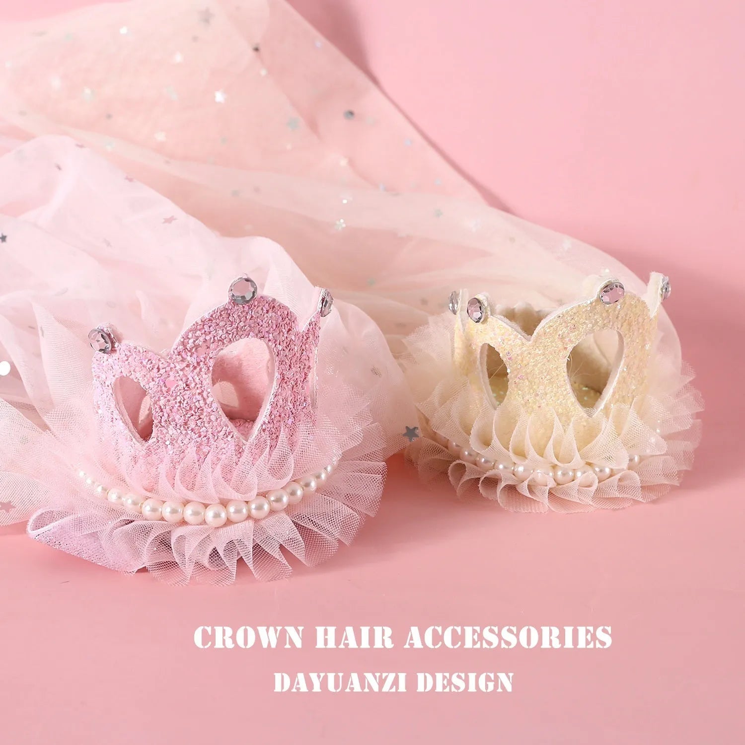 Pet princess crown headdress accessory with a veil in beige or pink colour options