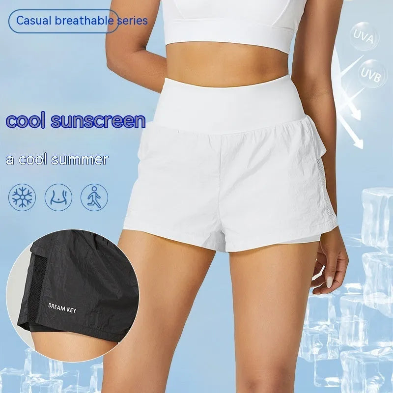Women's loose fit cotton blend quick-drying sports shorts shown in available colours on size chart