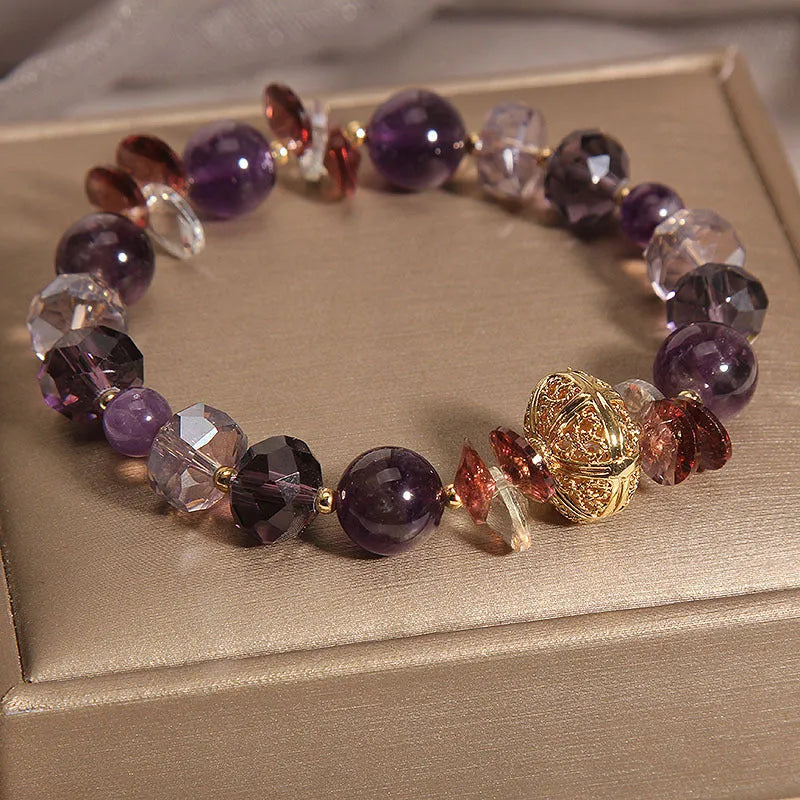 Purple crystal women's bracelet with pumpkin lucky beads and rhinestone decorative elements