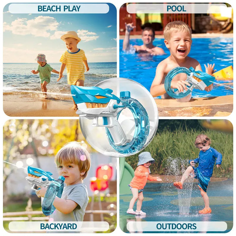 Blue Shark electric water gun toy with large water tank and USB charging port