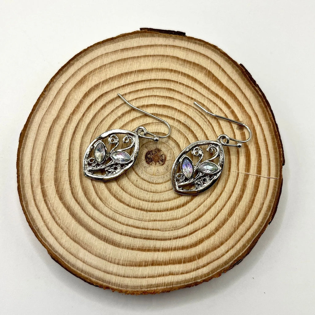 Silver leaf-shaped women's earrings with embedded colourful moonstone gemstones