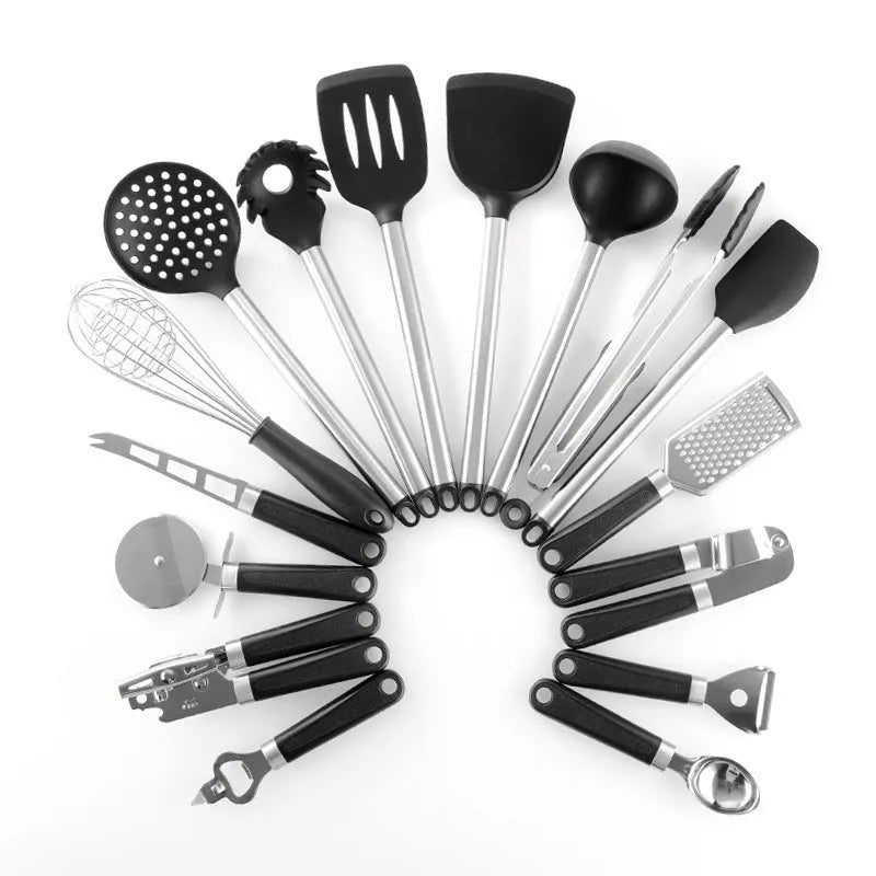 Black silicone spatula spoon set with stainless steel handles showing 16 kitchen utensils