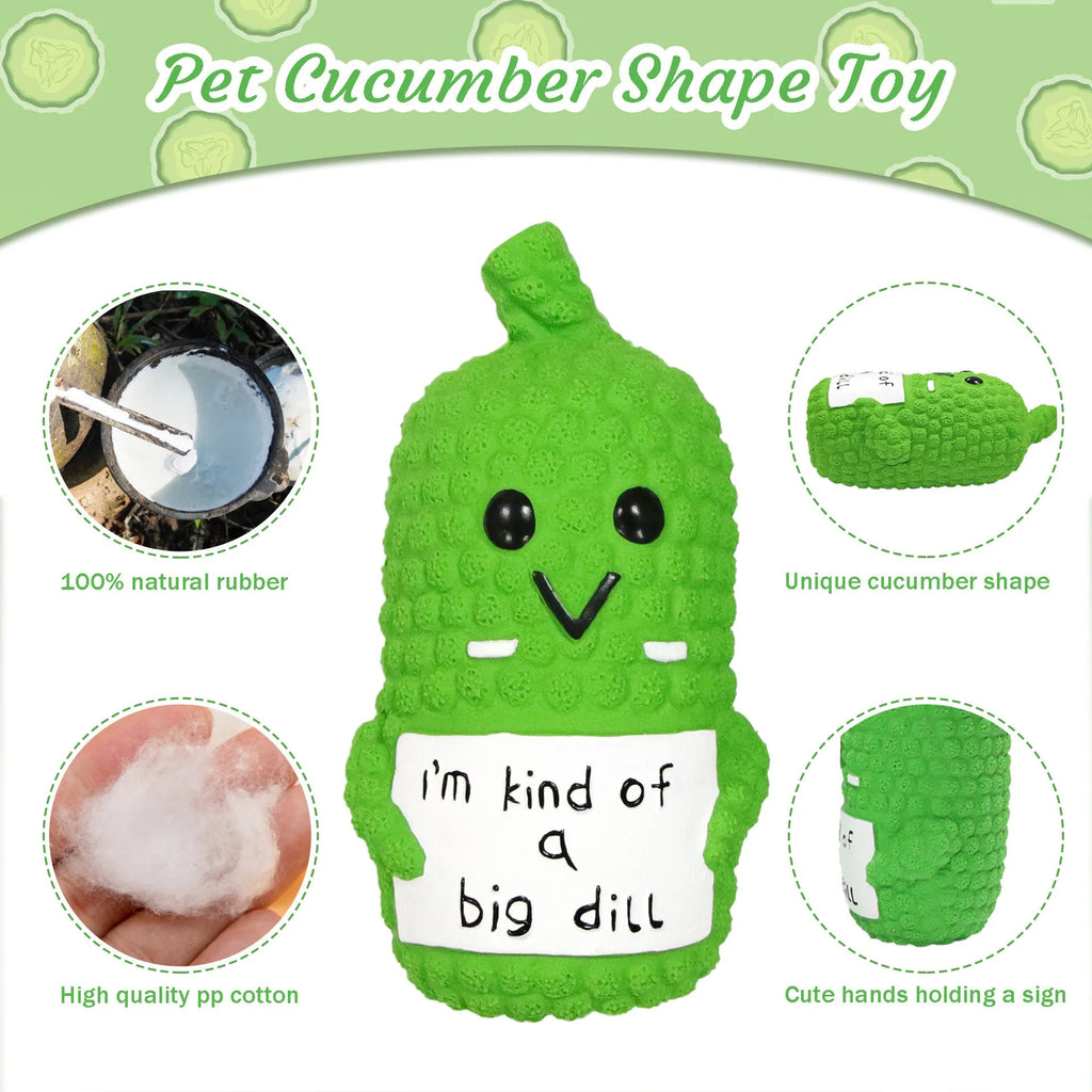 Bright green latex pickle-shaped dog chew toy with textured surface and squeaker inside.