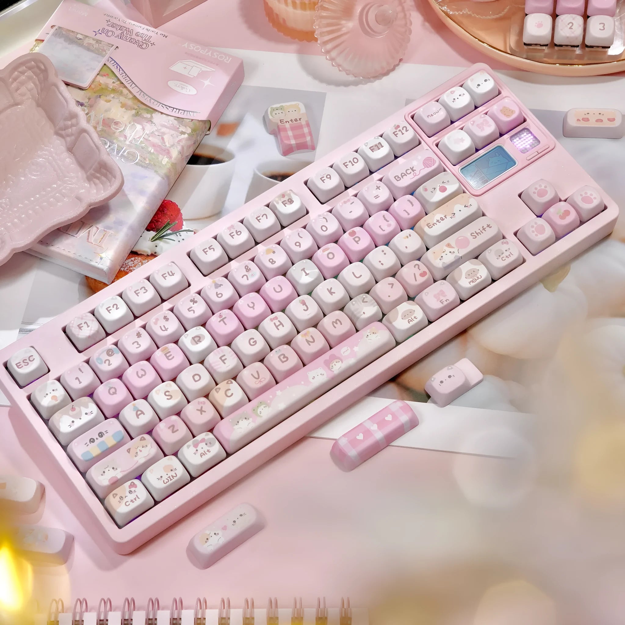 Pink cartoon anime design keycaps with full five-sided sublimation printing for mechanical keyboards