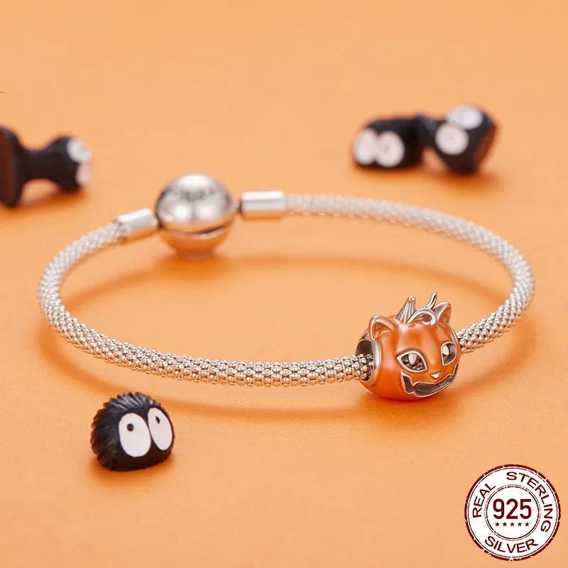 Halloween luminous oil dripping pumpkin cat bead in 925 sterling silver, height 1.2 cm width 1.1 cm