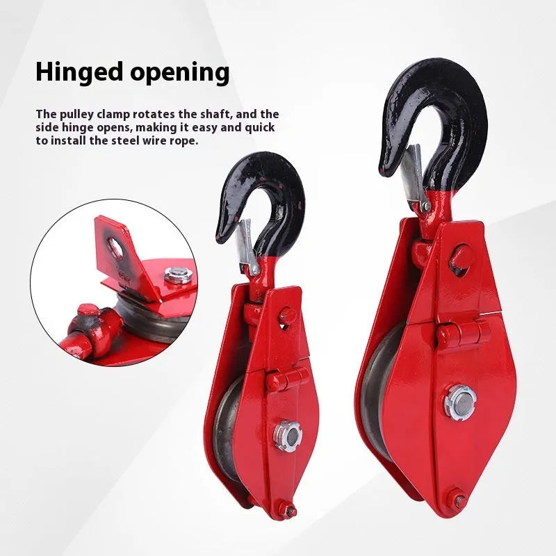 Forged steel industrial lifting pulley with safety latch in red or galvanised finish.