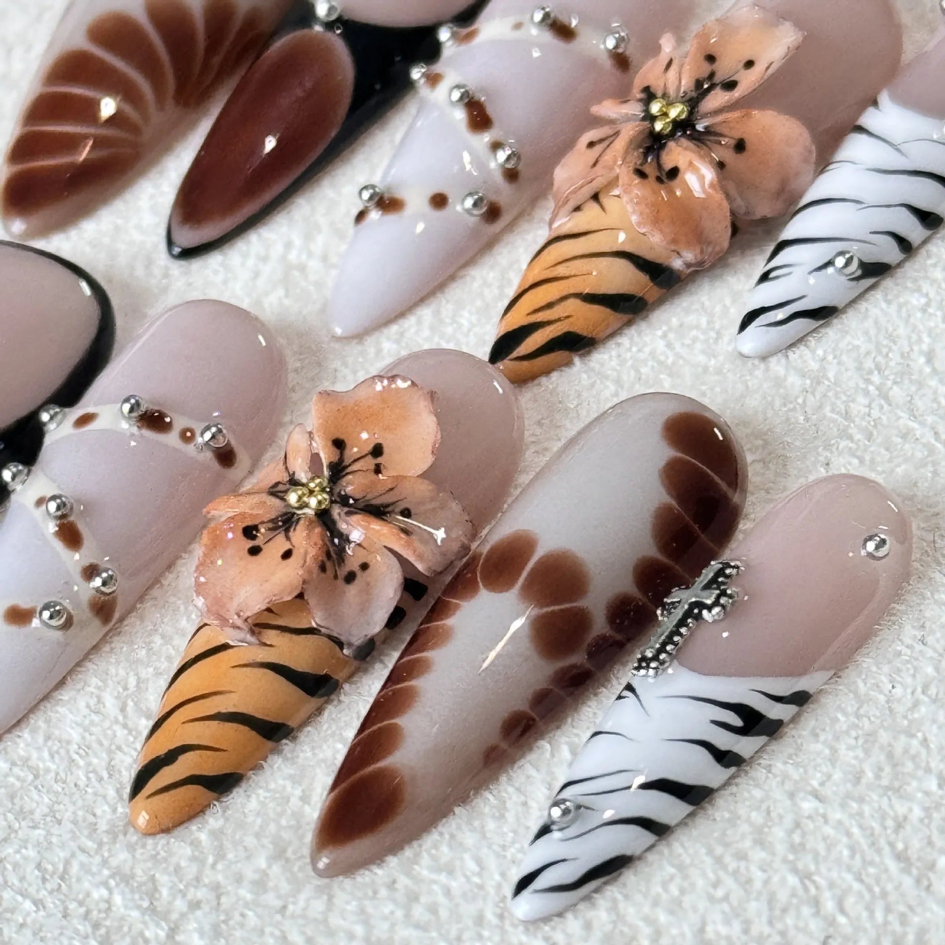French-style leopard print artificial nail stickers with cross and flower designs