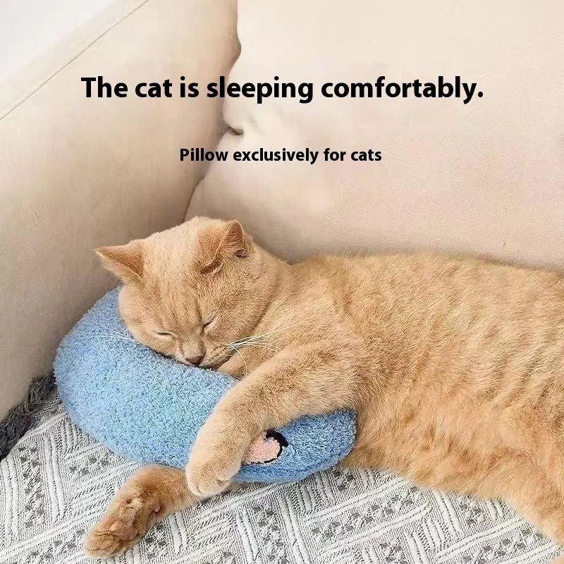Blue and yellow U-shaped cloth pillows for cats in moon and question mark designs.