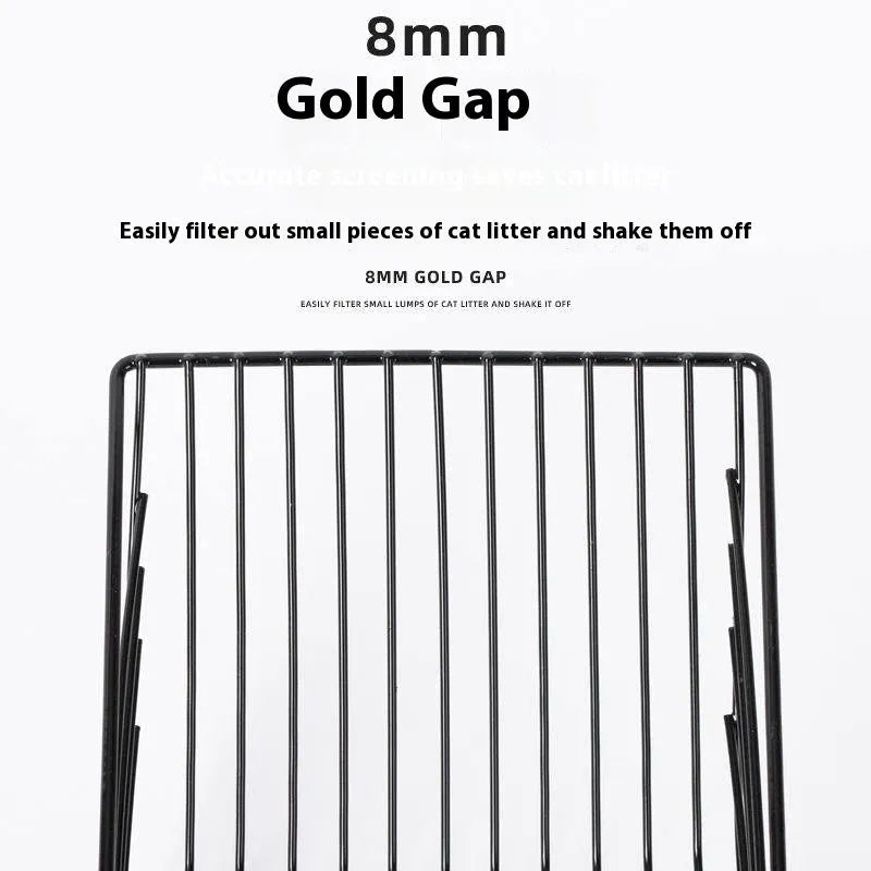 Black alloy metal cat litter scoop with 0.8cm sieve gaps for pet waste removal