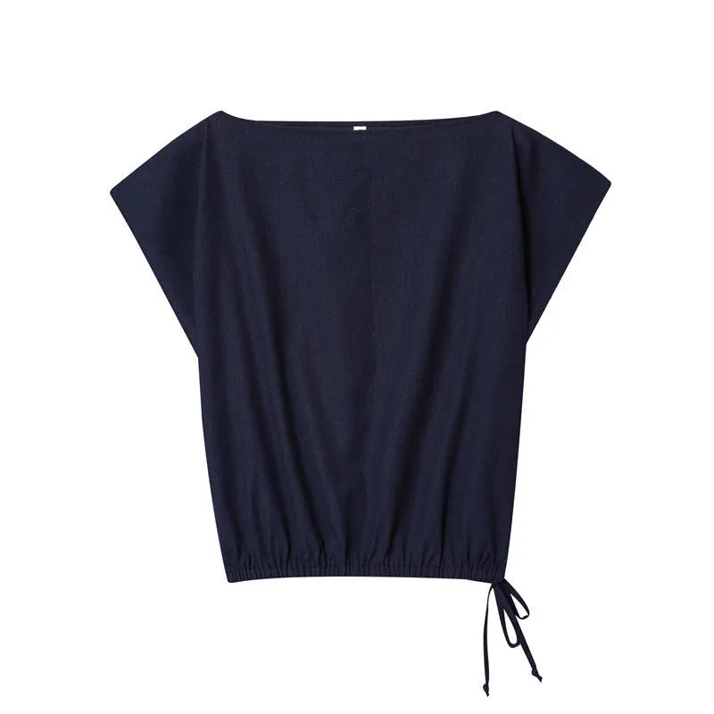 Women's linen-blend co-ord set featuring off-neck blouse with flounced sleeves and wide-leg trousers