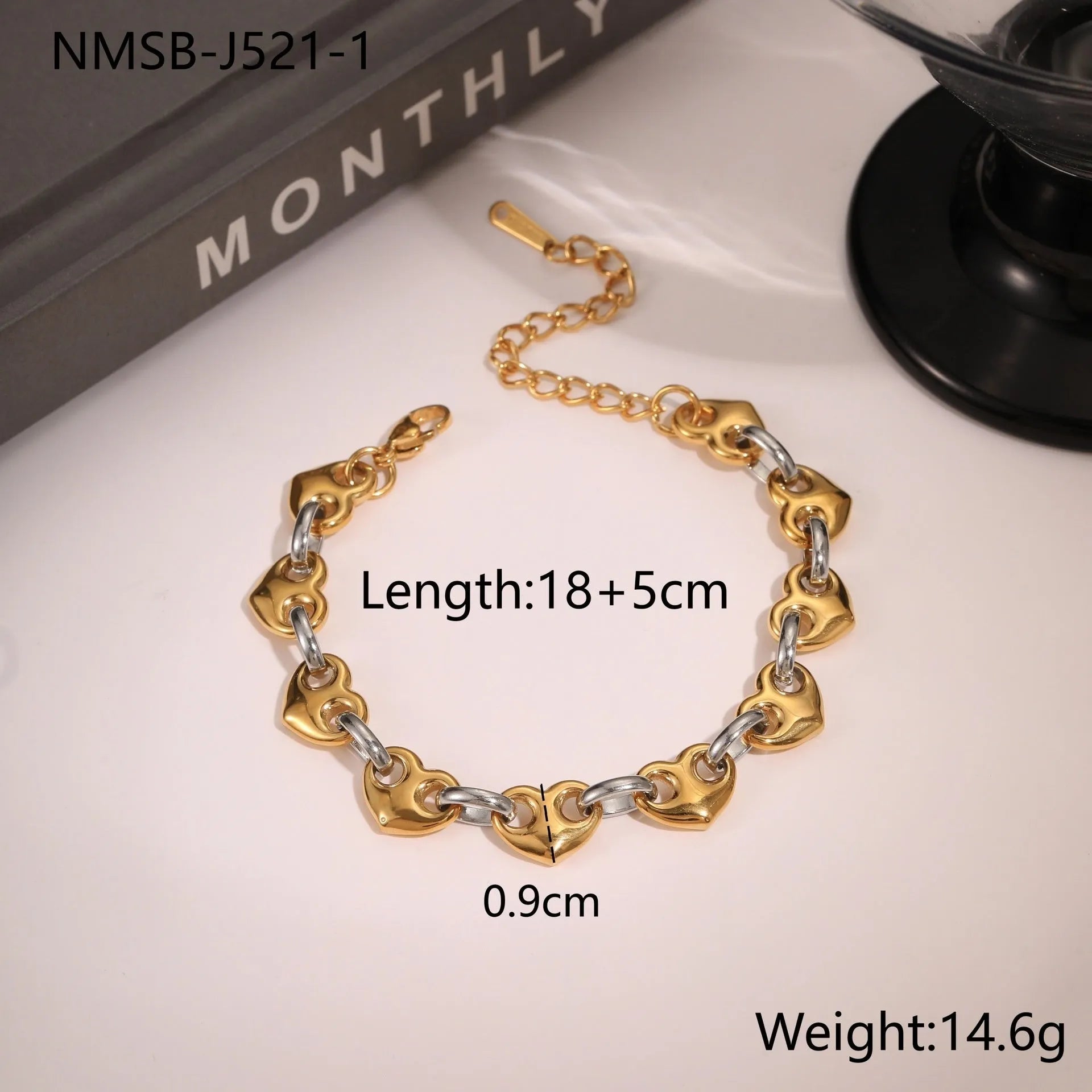 Women's stainless steel hollow heart bracelet in gold, steel, or colour blocking with electroplated finish.