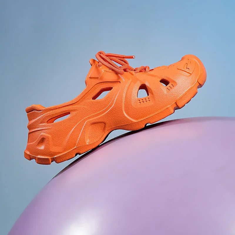 A pair of bright EVA sandals with a thick sole, shown in fluorescent green.
