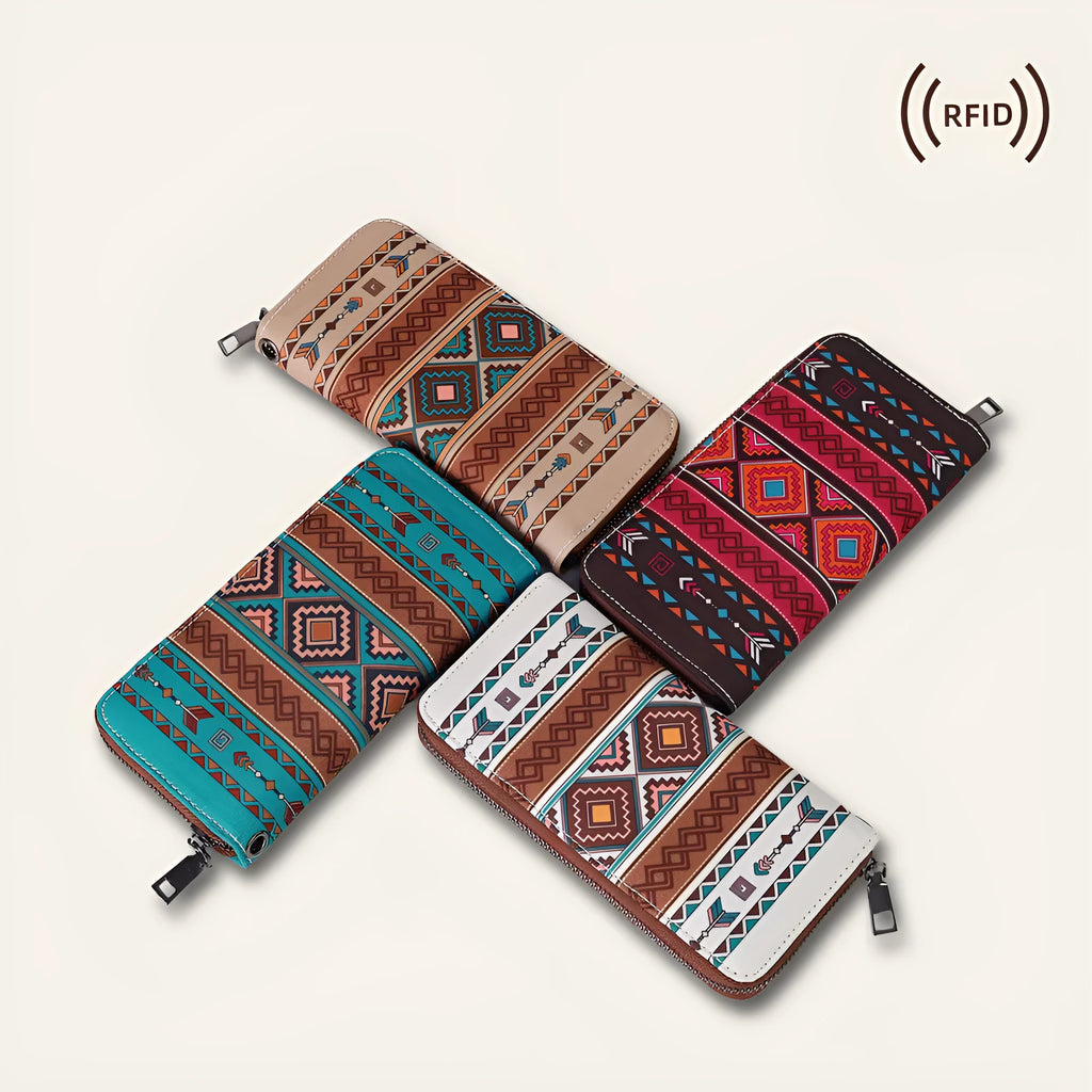 Bohemian striped canvas RFID wallet with a wind belt closure shown in beige.