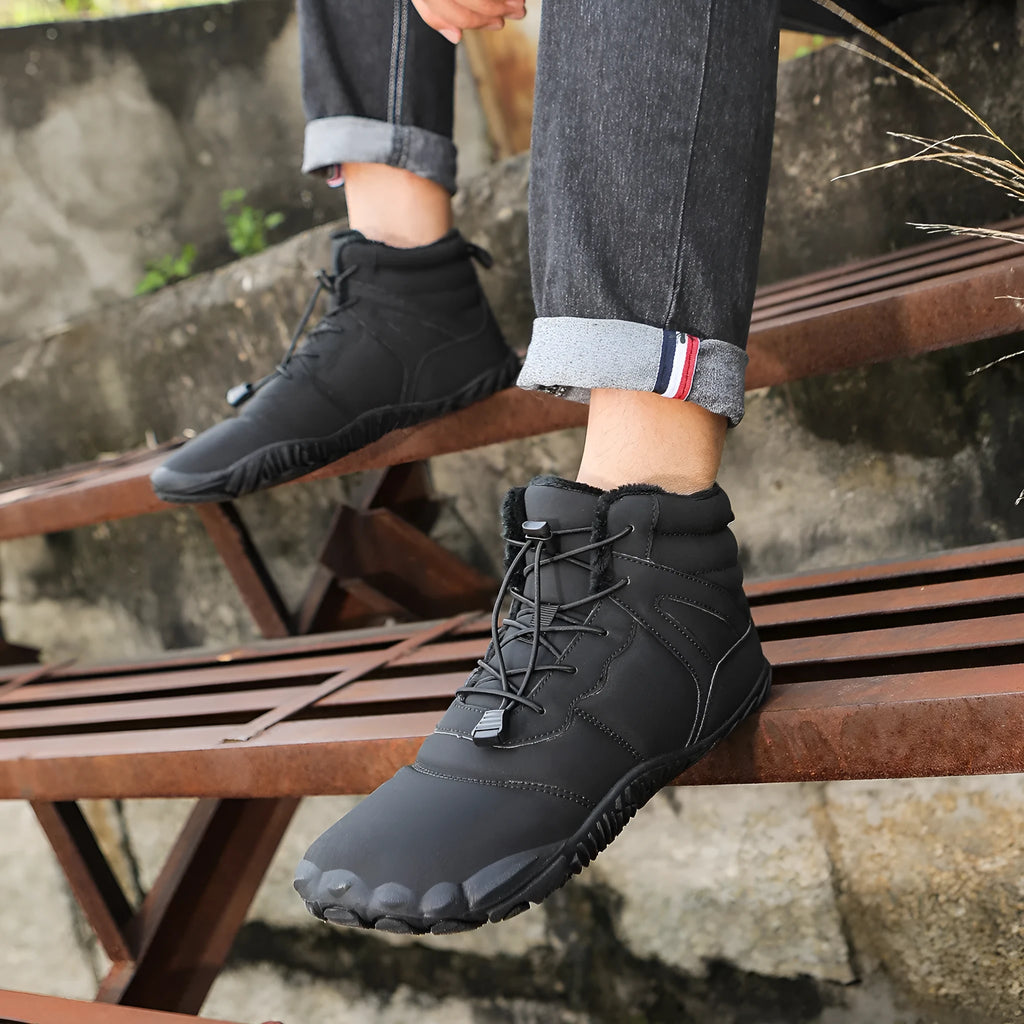 Five-finger waterproof fleece-lined hiking shoes with rubber outsole in beige, grey, black and wine red colours