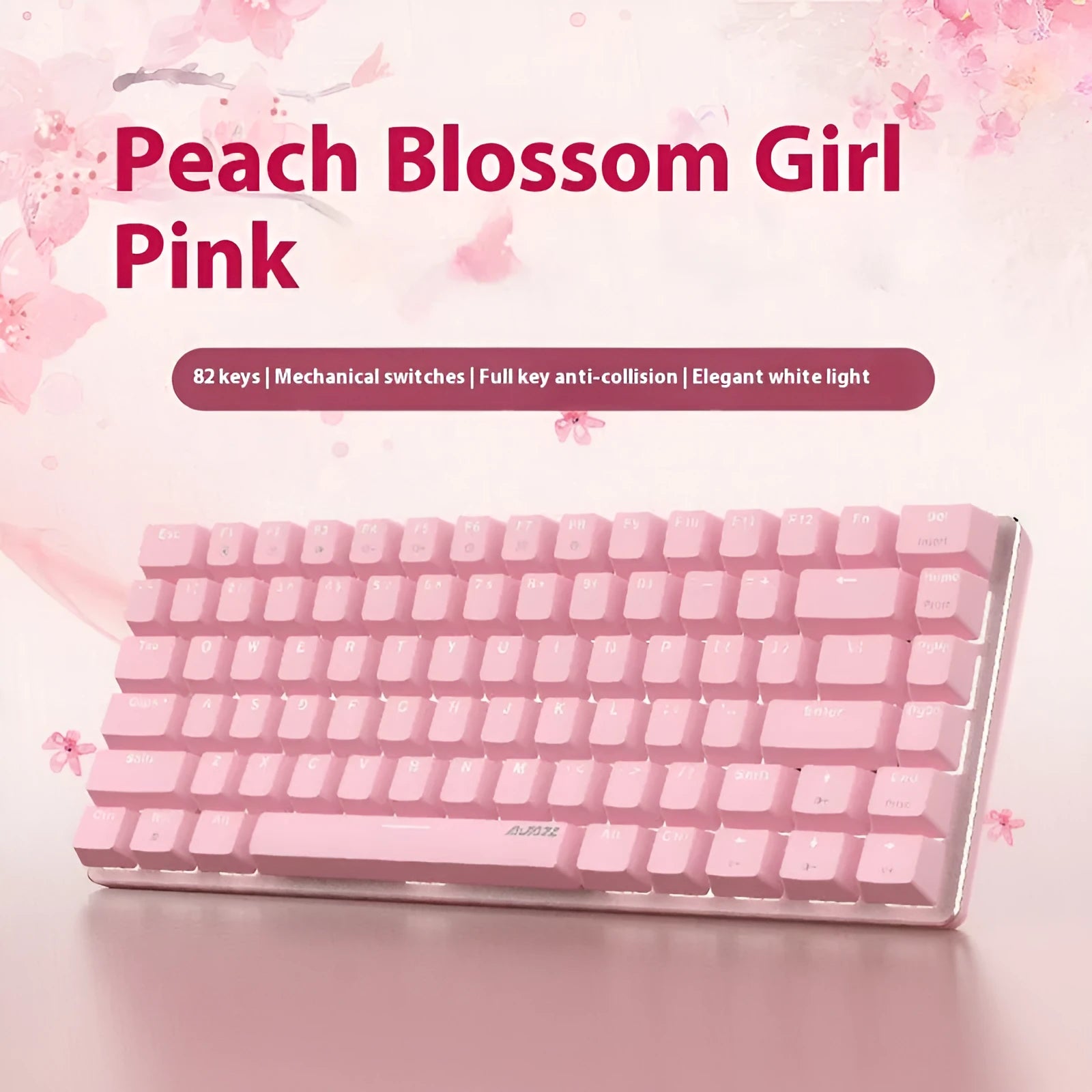 82-key mechanical keyboard with white backlight and metal housing beside laptop