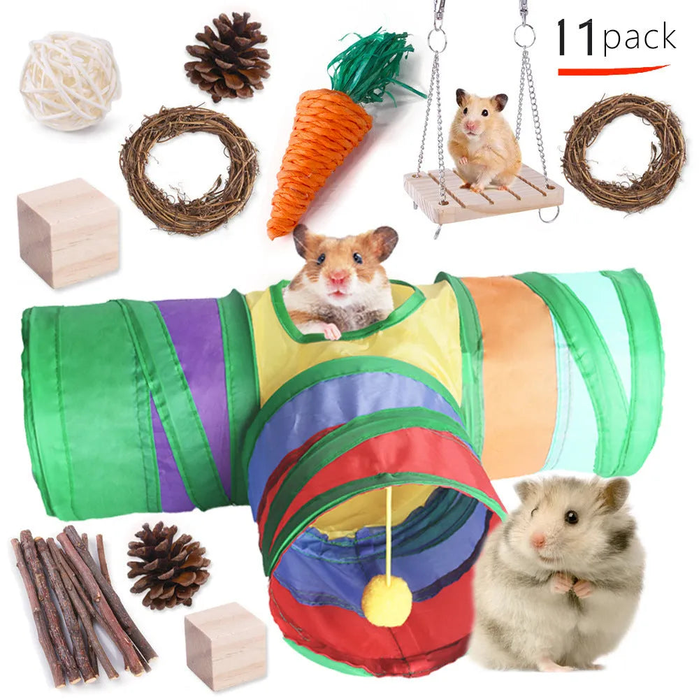 Assortment of natural wooden toys for small pets including balls, rings, and mats for chewing and play.
