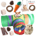 Assortment of natural wooden toys for small pets including balls, rings, and mats for chewing and play.