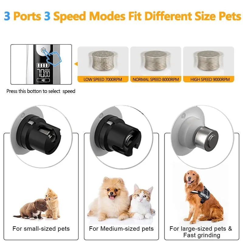 Automatic electric nail trimmer for dogs with LCD display and dust collection port.