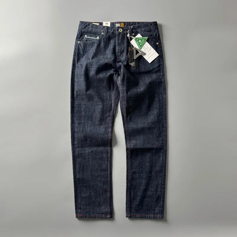 Men's straight-leg denim trousers in primary colour with mid-waist design and regular length