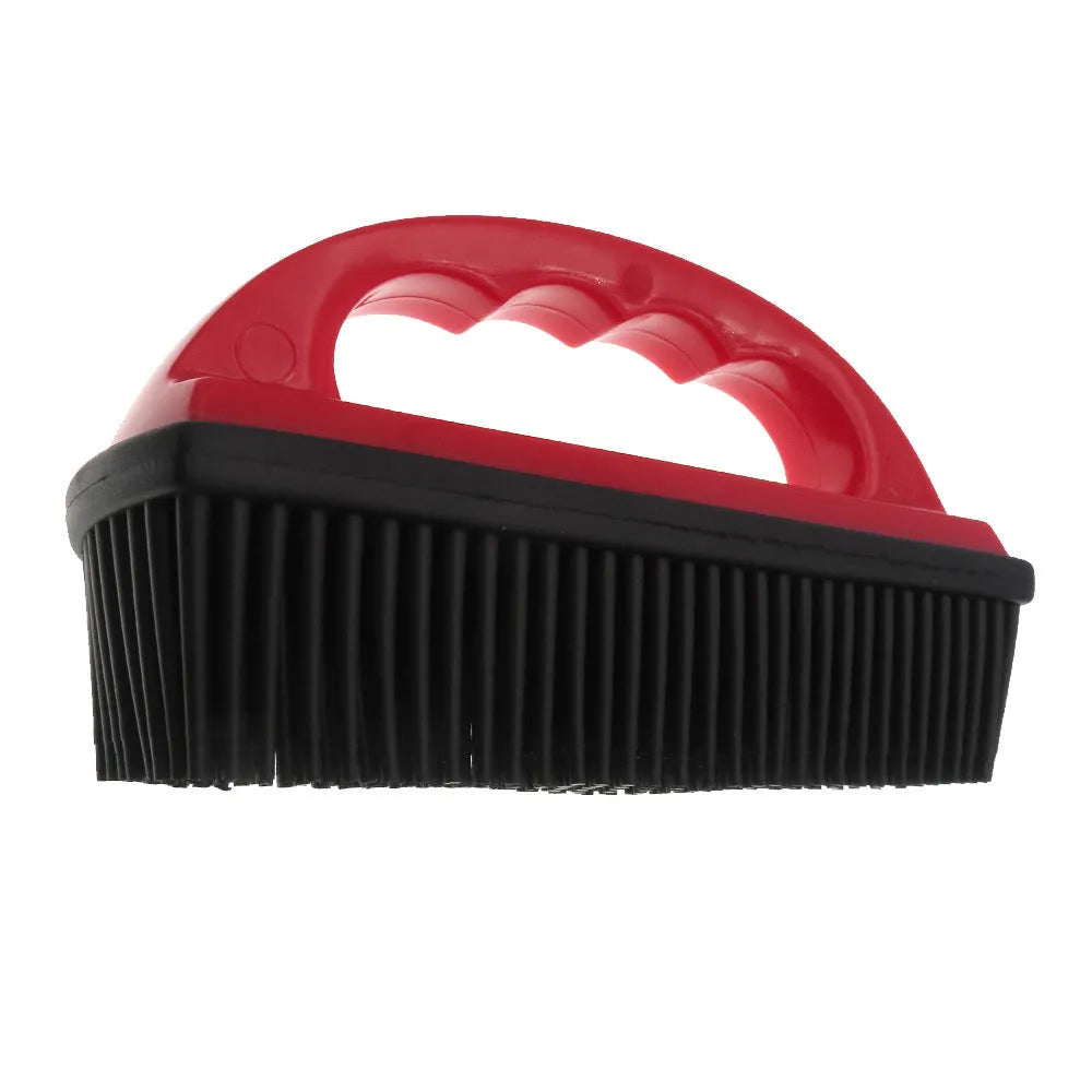 Red pet hair removal brush with silicone bristles for bath grooming and carpet cleaning