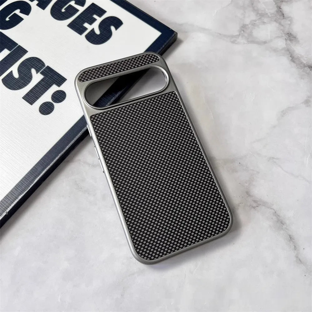 Carbon fiber texture PC phone case for Google Pixel 9, titanium gray with frosted finish, rear view