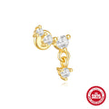 S925 sterling silver geometric moon and star earrings with embedded diamonds on a gold background.