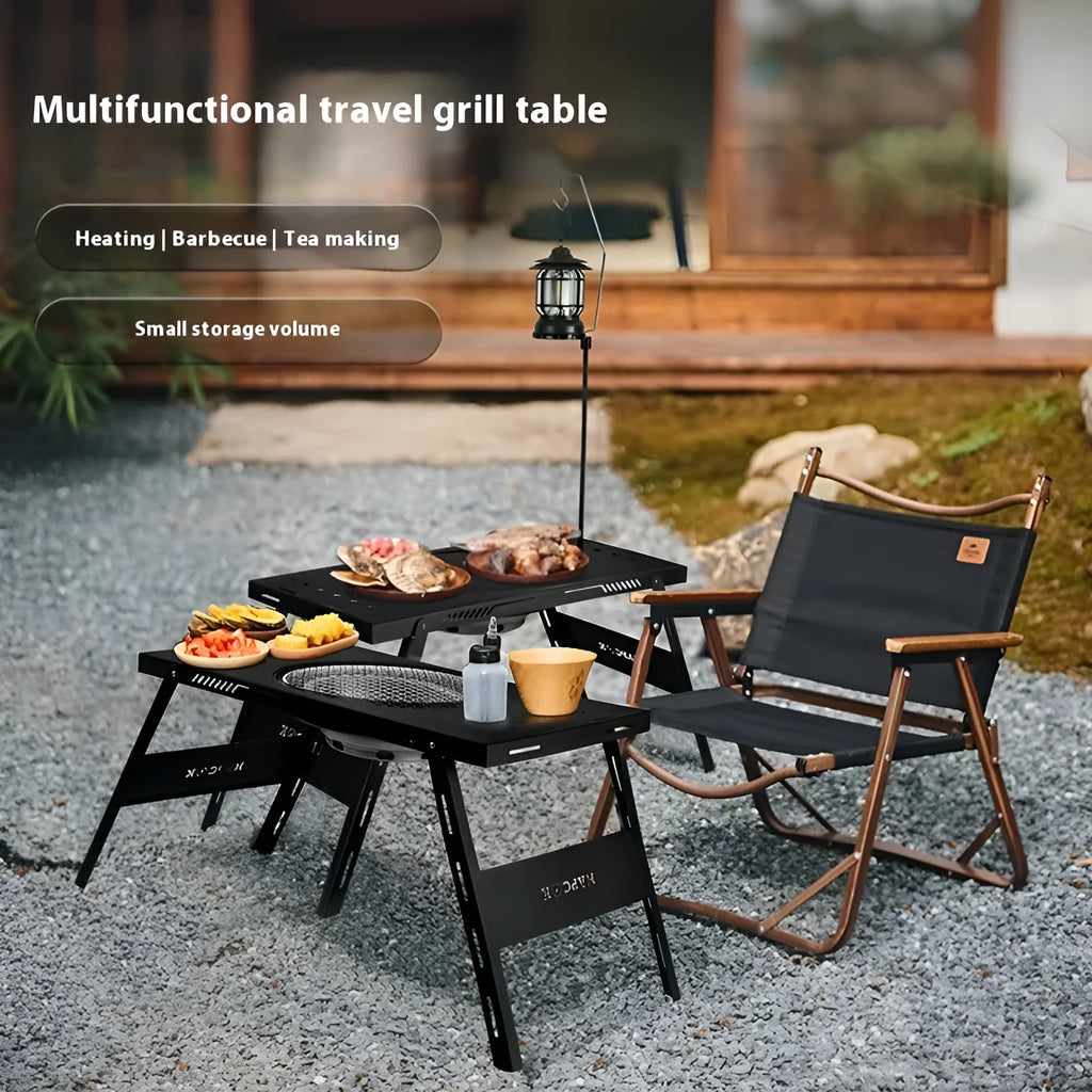Black folding steel barbecue table with grill, shown in round and square top styles.