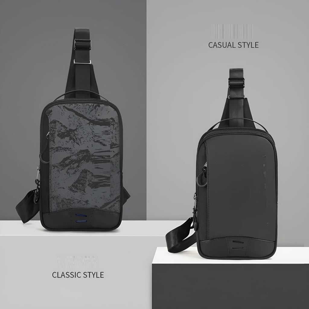 Casual black camouflage pattern chest bag with a single shoulder strap and soft handle.