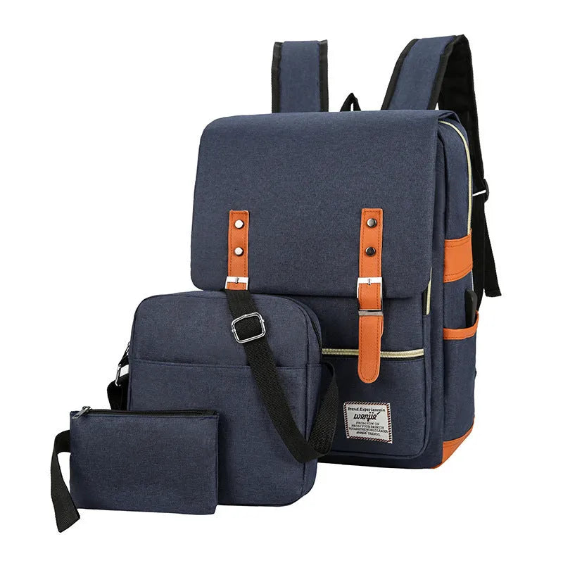Three-piece backpack in Oxford cloth with curved shoulder straps and large computer compartment